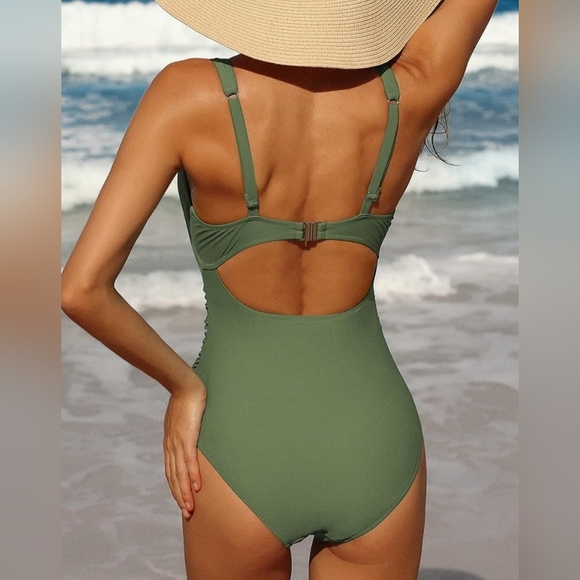 Charmo Army Green Ruched Cut Out Swimsuit NWT Sz. Small - Picture 4 of 9